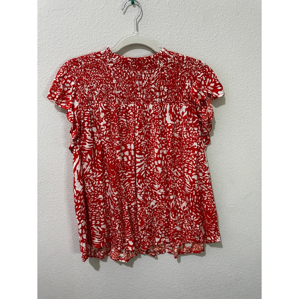 THML Blouse Womens Size Medium Red White Abstract Smocked Mock Neck Flutter Top